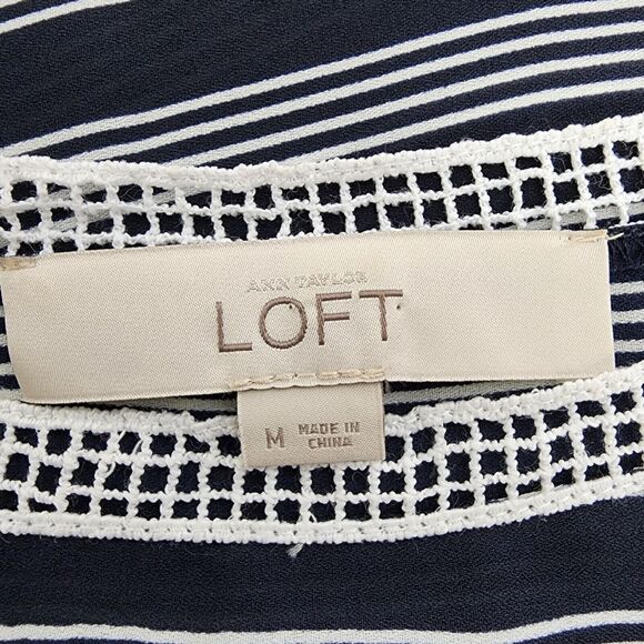 Ann Taylor LOFT Womens Top Medium Sheer White Navy Stripe Lace Trim Short Sleeve - Picture 8 of 10